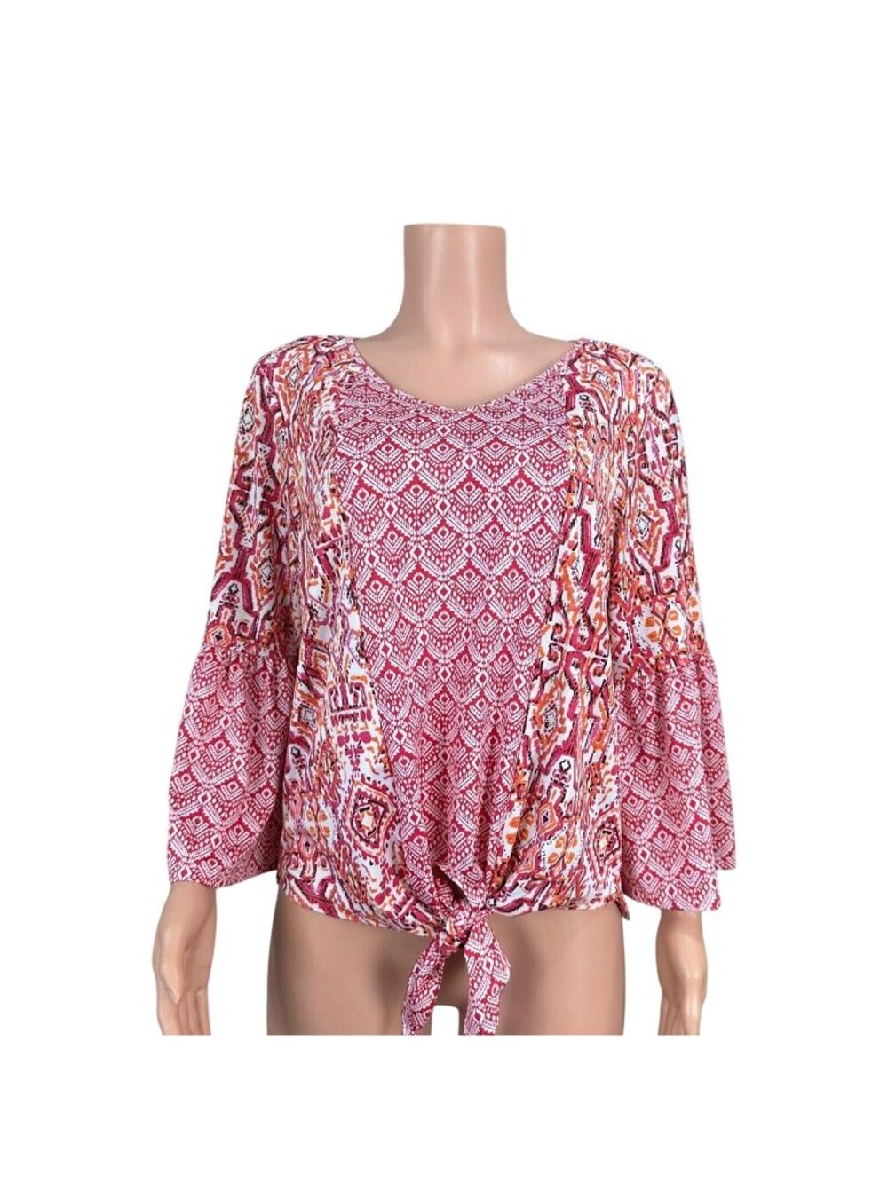 New Directions Womens Pink V-Neck Size M Blouse Tie Front Bell Sleeves